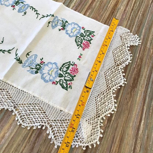 Hand Embroidered White Cotton Vanity Dresser Table Mat Crochet Trim Blue Floral - Picture 3 of 4